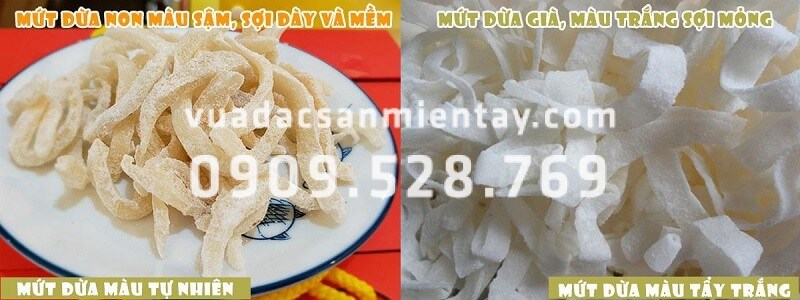 Mứt dừa non có màu đậm chứ không trắng sáng như mứt dừa già